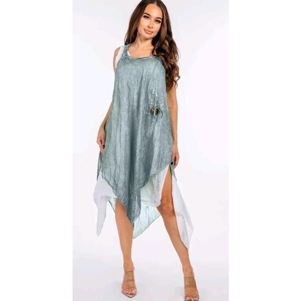 Meo Meli Overlay Handkerchief Hem Green White Size S-M Women's Tunic Dress  #W6